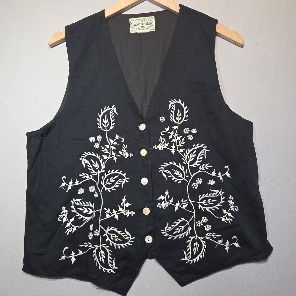 Rosettes Black Embroidered Vest Womens L Boho Floral Button Front Tie Back Cotta